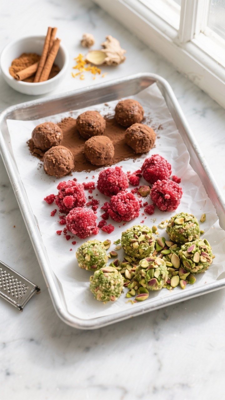 Cooking process: Overhead shot of a chilled tray of uniformly rolled energy bites set on parchment i