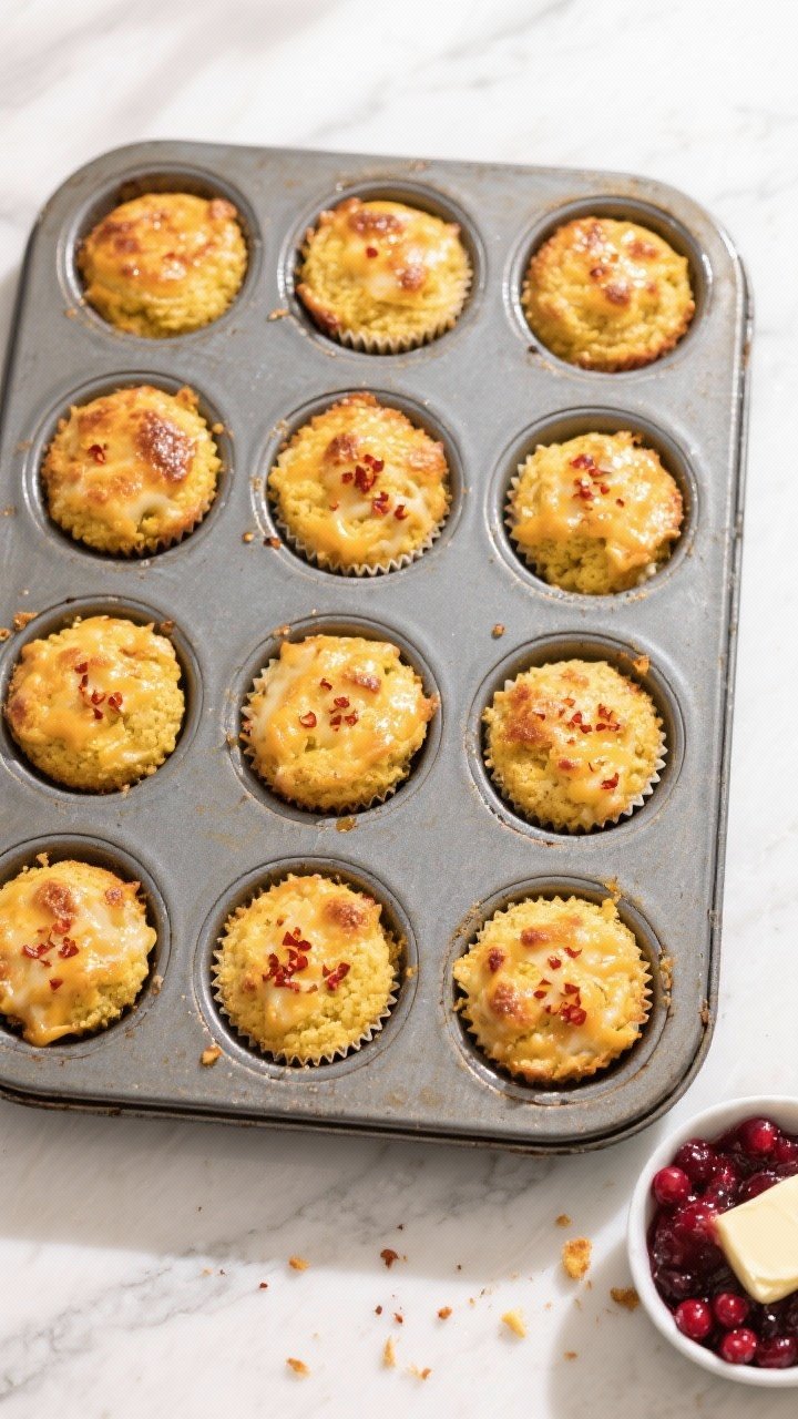 Cooking process: Overhead shot of a greased 12-cup muffin tin fresh from the oven with uniformly gol