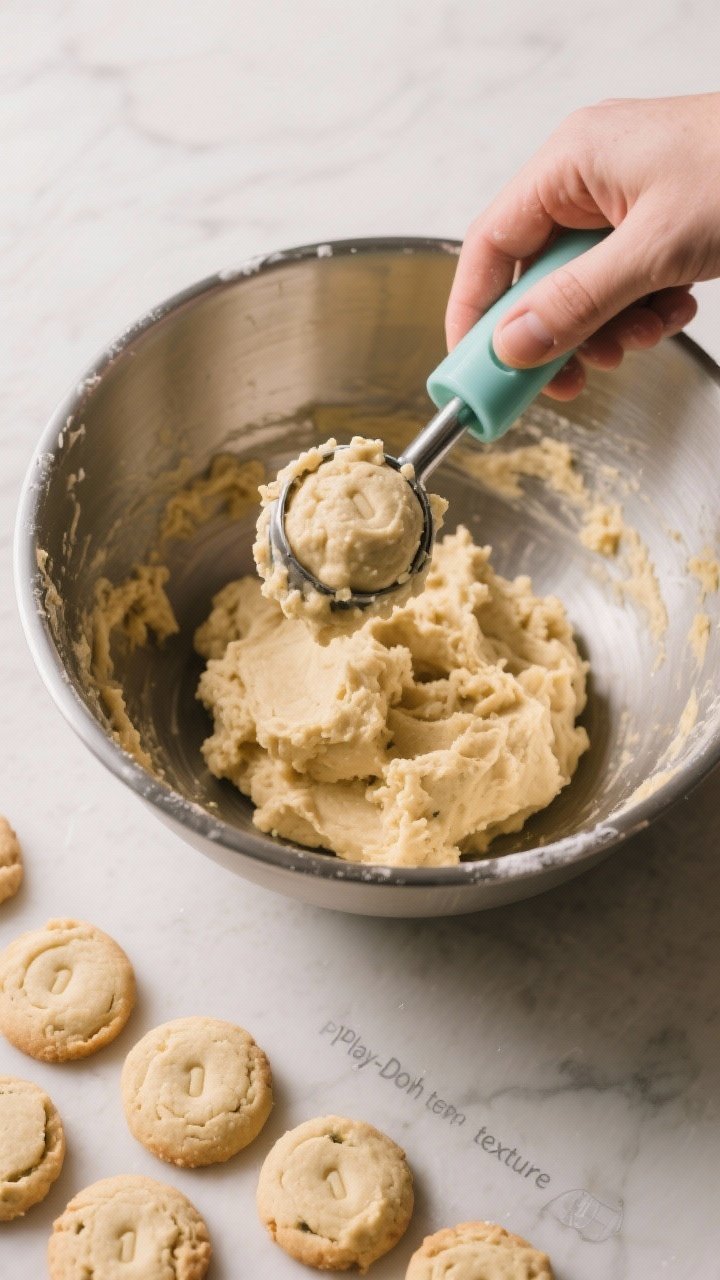 Cooking process: Overhead shot of a mixing bowl filled with the combined dough at perfect “Play-Do