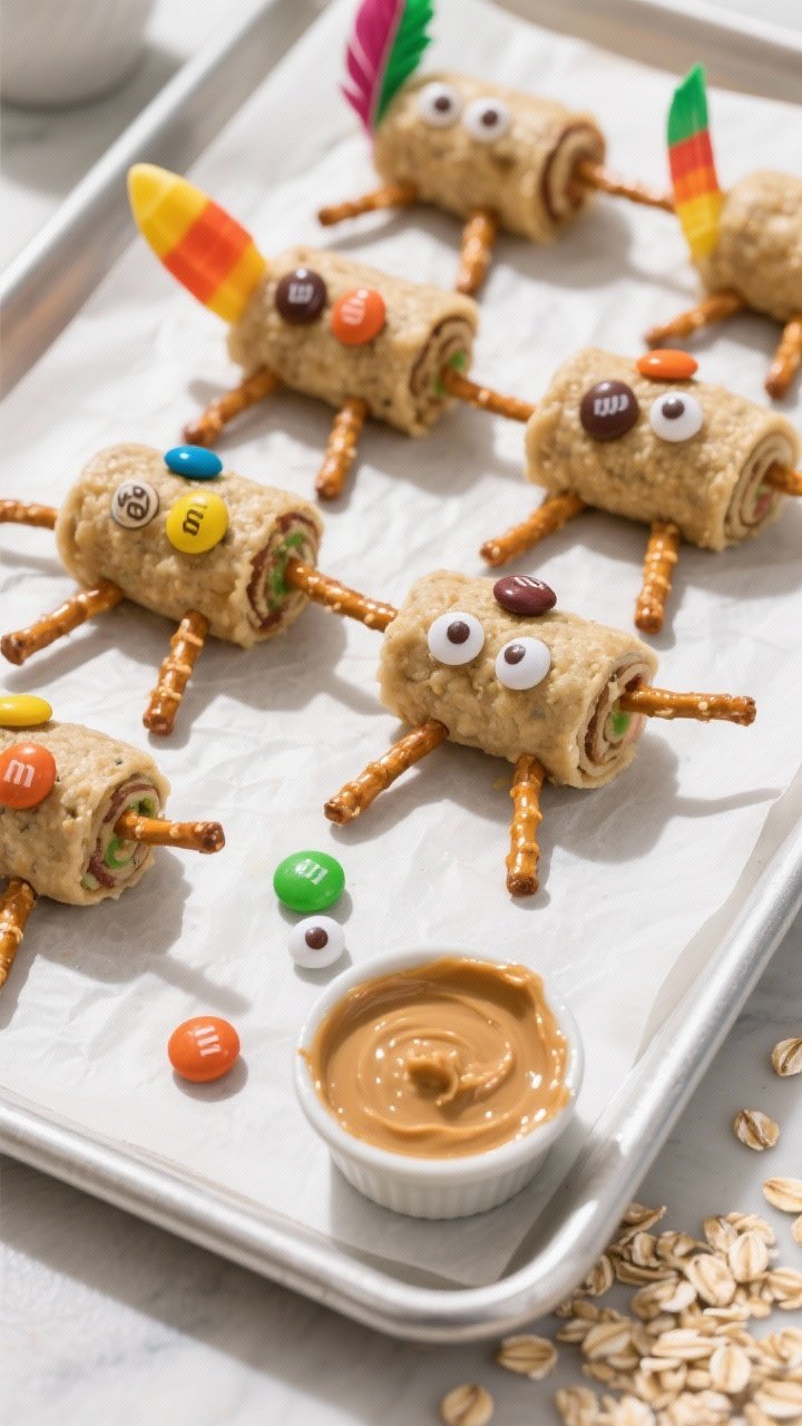 Cooking process: Overhead shot of a parchment-lined sheet holding neatly rolled energy ball “bodie
