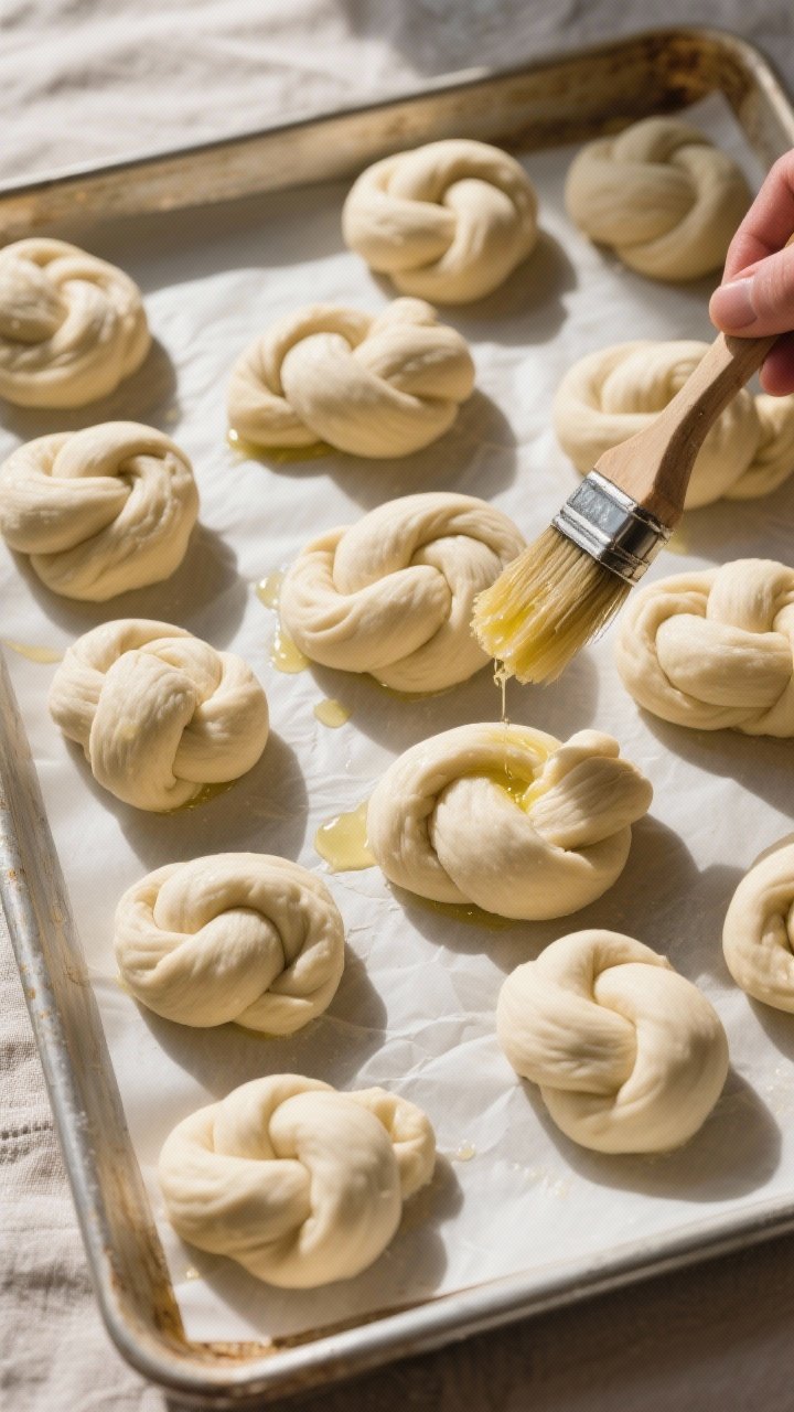 Cooking process: Overhead shot of a parchment-lined sheet pan filled with formed knots after the sec
