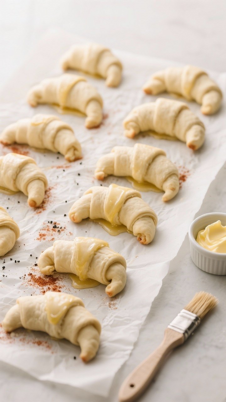 Cooking process: Overhead shot of assembled crescent rolls on parchment just before baking—seam-si