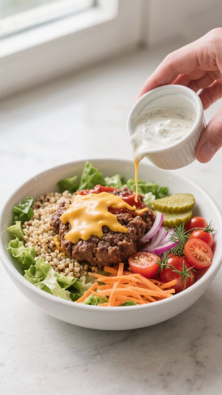 Cooking process: Overhead shot of cheeseburger bowl assembly in progress—bed of chopped romaine wi