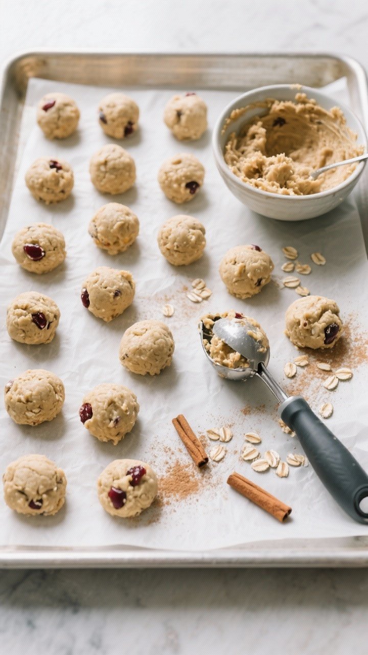 Cooking process: Overhead shot of chilled dough being rolled into uniform balls on a parchment-lined