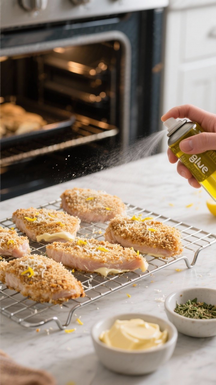 Cooking process: Overhead shot of coated chicken cutlets on a rack being lightly misted with olive o