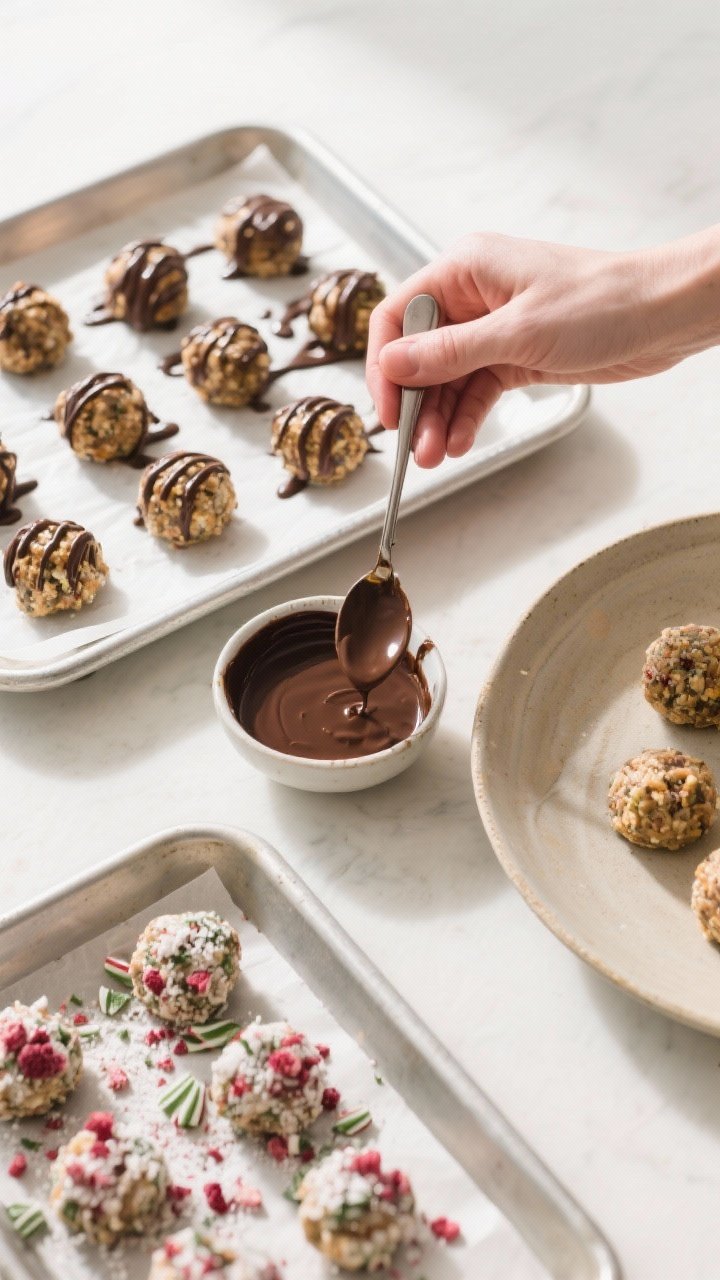 Cooking process: Overhead shot of formed energy bites on a parchment-lined tray being finished with 