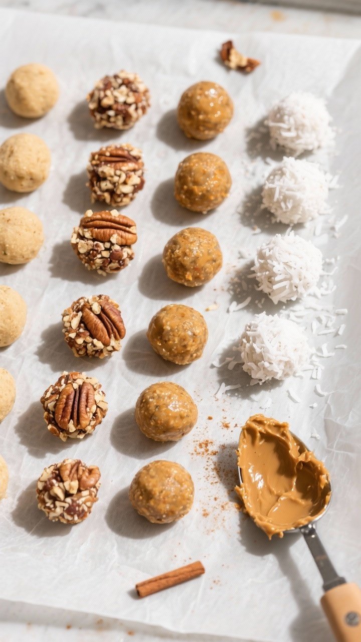 Cooking process: Overhead shot of freshly rolled 1-inch pumpkin spice protein bites arranged in neat