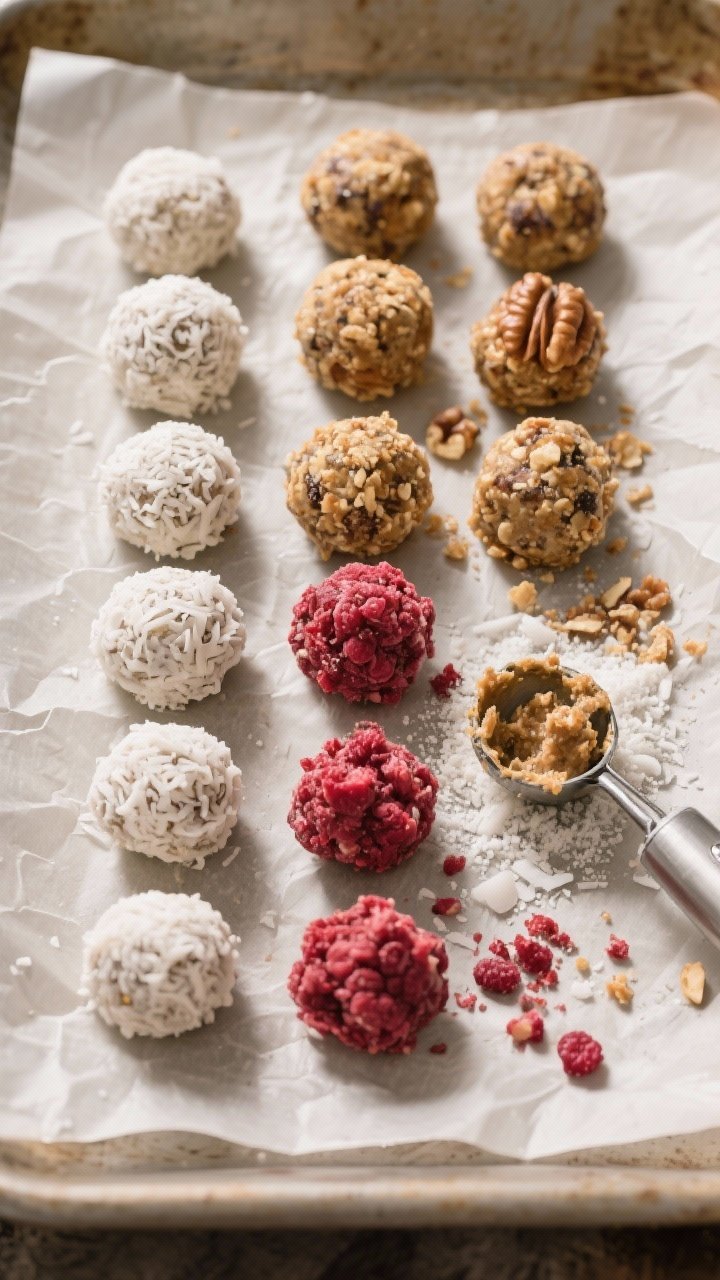 Cooking process: Overhead shot of freshly rolled energy balls arranged on a parchment sheet after ch