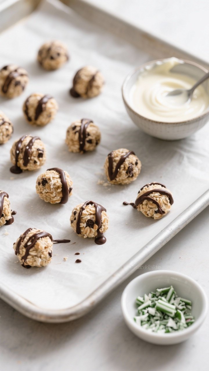Cooking process: Overhead shot of freshly rolled peppermint bark protein bites arranged on a lined b