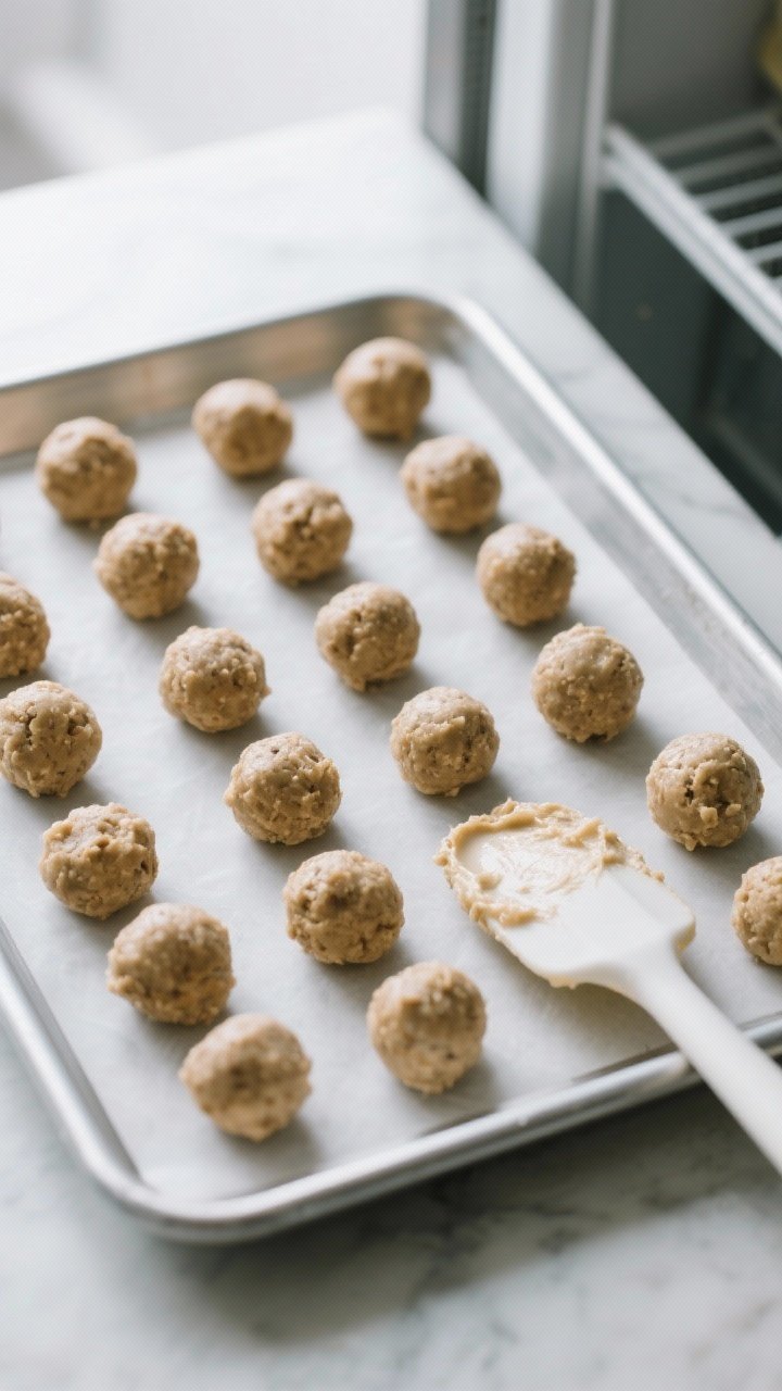 Cooking process: Overhead shot of freshly rolled protein balls lined up on a small sheet tray just a