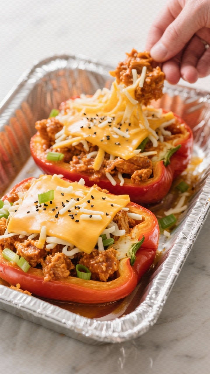 Cooking process: Overhead shot of par-baked bell pepper halves in a 9x13 pan being generously filled