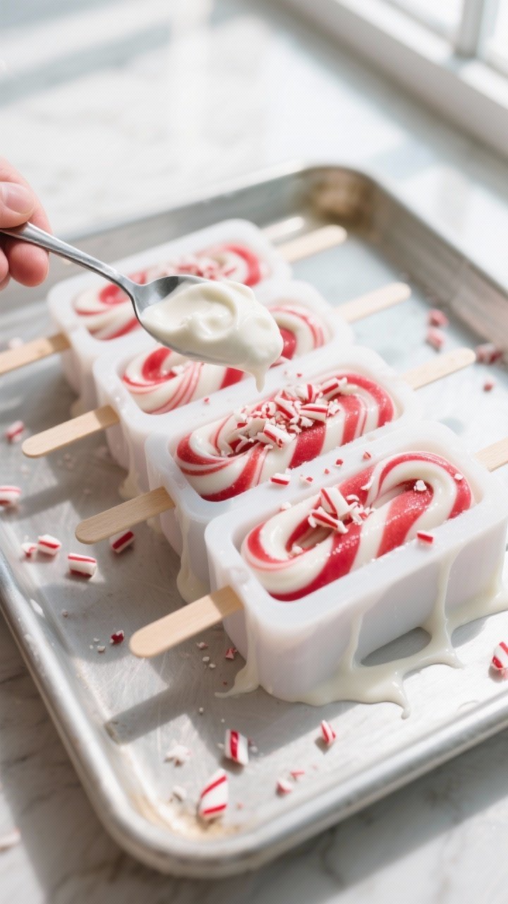 Cooking process: Overhead shot of popsicle molds being filled in an alternating swirl step—spoonfu