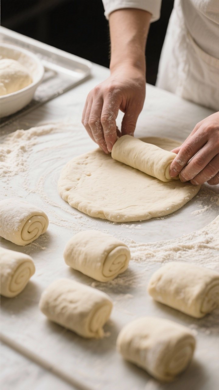 Cooking process: Overhead shot of the chilled dough being portioned and rolled into 1–