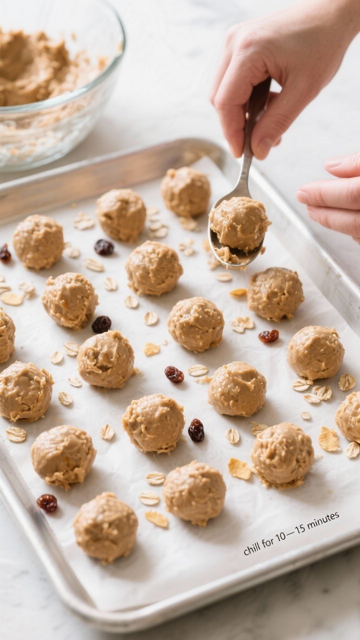 Cooking process: Overhead shot of the chilled mixture being portioned and rolled—rows of evenly sc