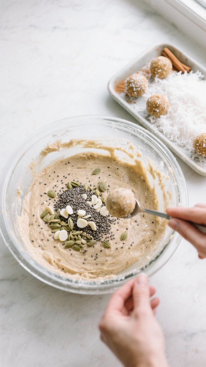 Cooking process: Overhead shot of the dough stage in a glass mixing bowl—smooth, cohesive energy b