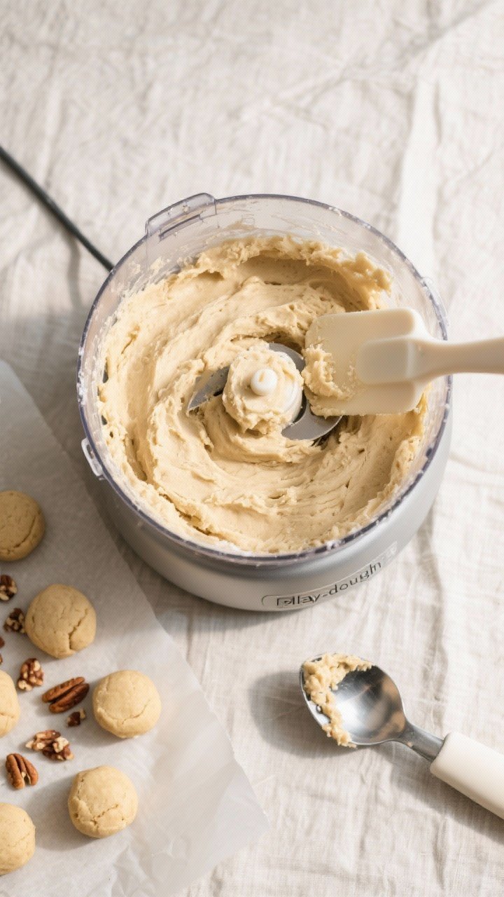 Cooking process: Overhead shot of the dough stage in a food processor bowl, fully blended and clumpe