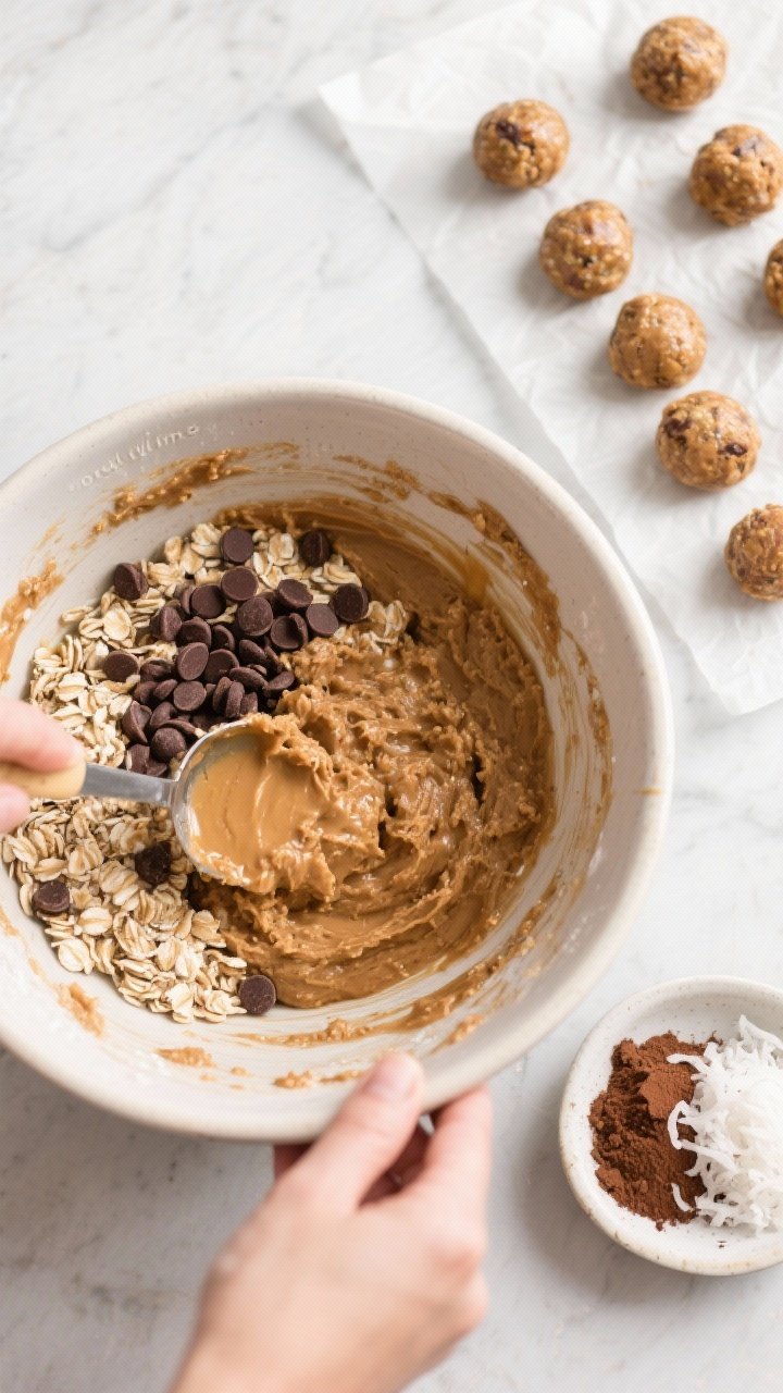 Cooking process: overhead shot of the energy ball mixture mid-prep in a mixing bowl, showing the thi