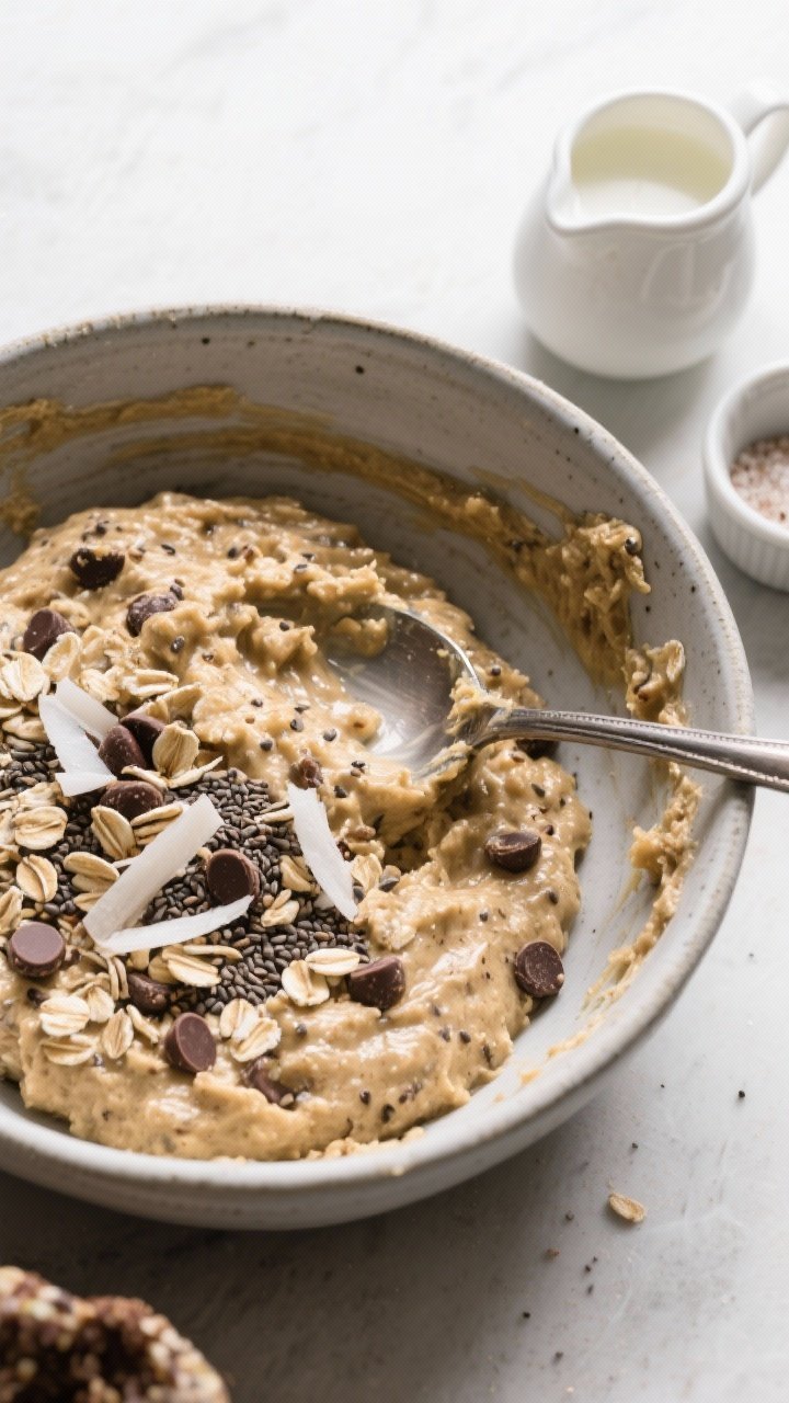 Cooking process: Overhead shot of the energy ball mixture just after mixing and texture adjustment, 