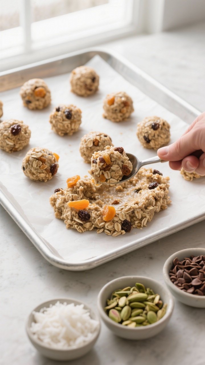 Cooking process: Overhead shot of the energy bite mixture just after pulsing and folding—fully pre
