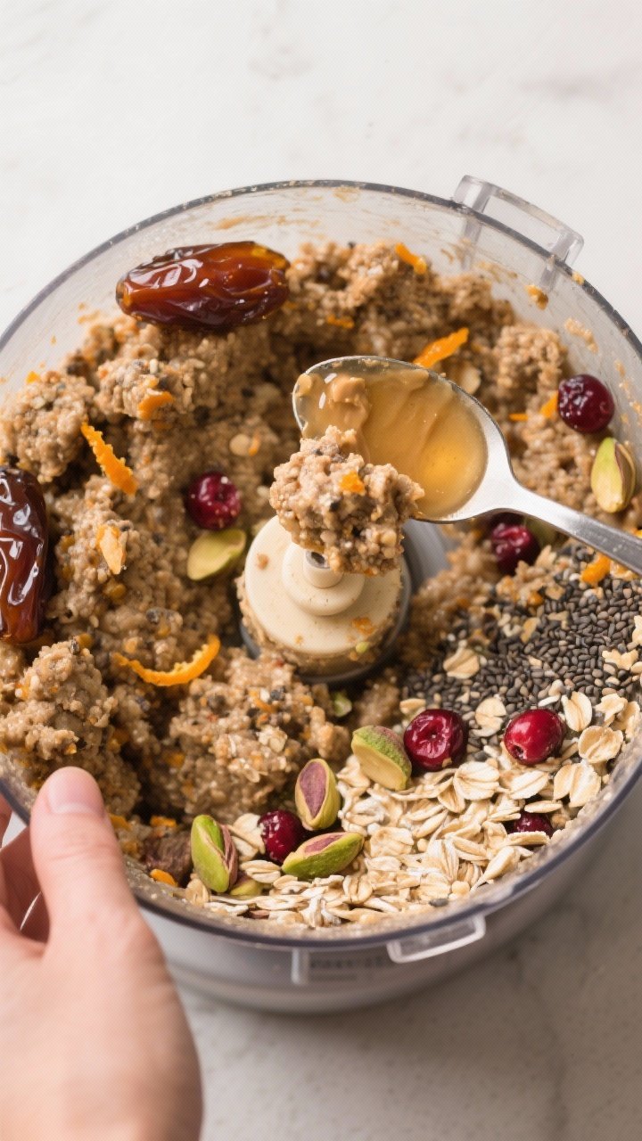 Cooking process: Overhead shot of the energy mixture mid-bind in a food processor bowl, showing pebb