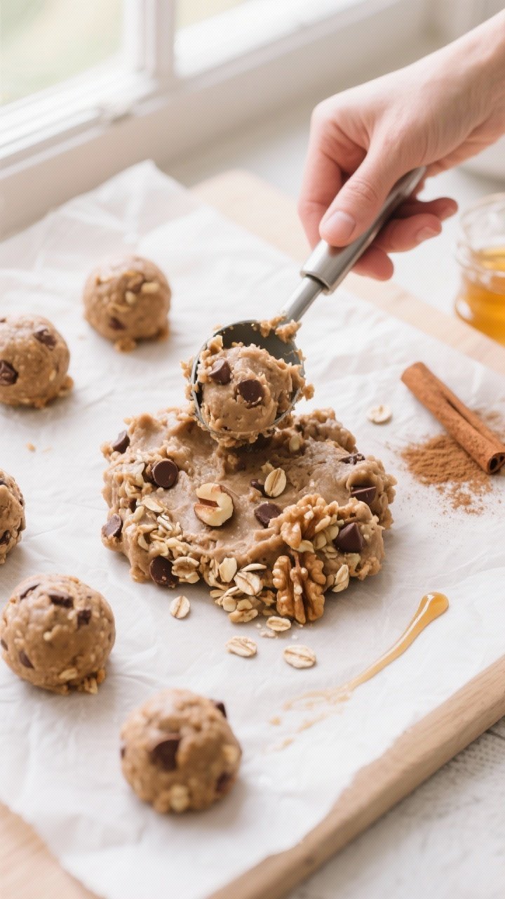 Cooking process: Overhead shot of the finished sticky dough just after pulsing, scooped with a small