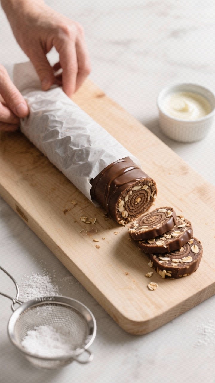Cooking process: Overhead shot of the formed chocolatey energy “log” being tightly rolled and sm