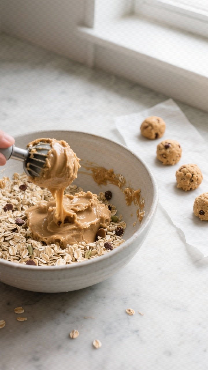 Cooking process: Overhead shot of the “glue” being folded into the oat mixture in a mixing bowl 