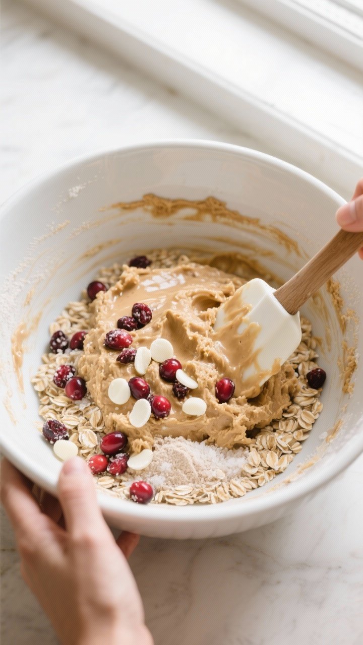 Cooking process: Overhead shot of the “make the dough” moment—wet mixture (almond butter, hone
