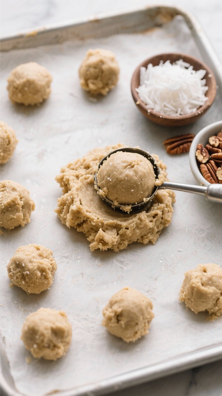 Cooking process: Overhead shot of the mixture after processing, just before rolling—clumped, cohes