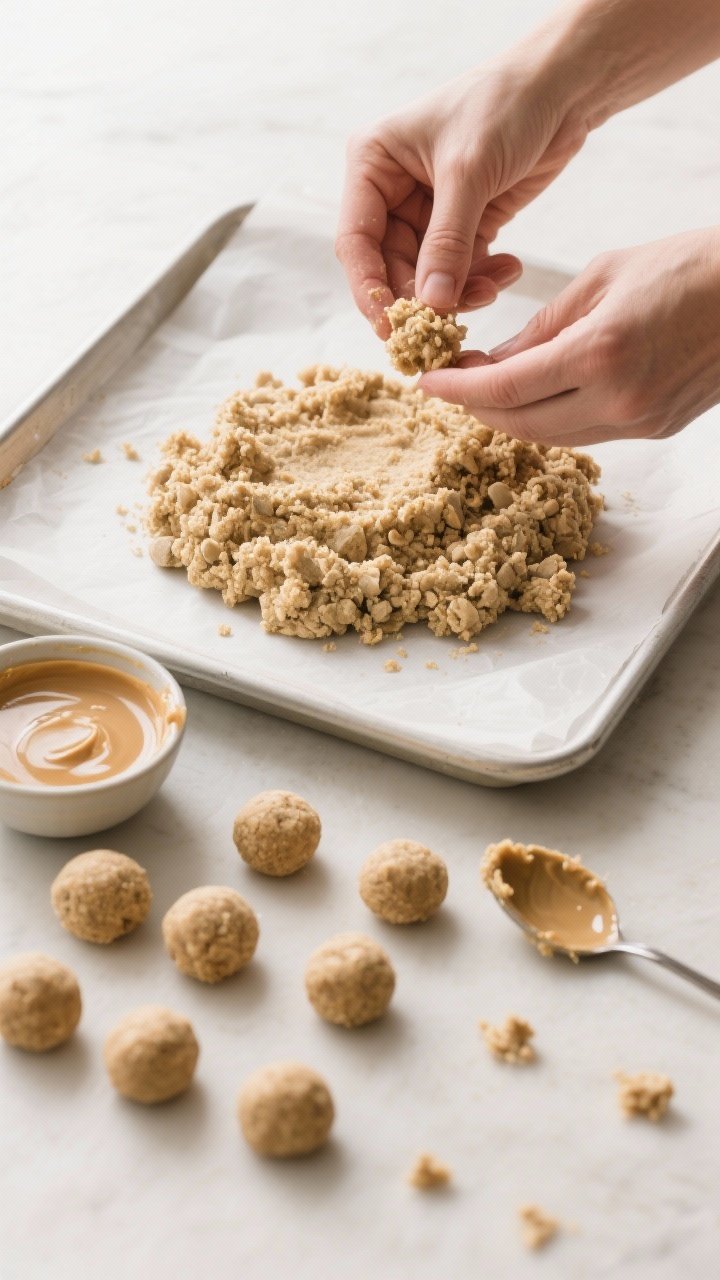 Cooking process: Overhead shot of the mixture being pinched and tested for texture in a parchment-li