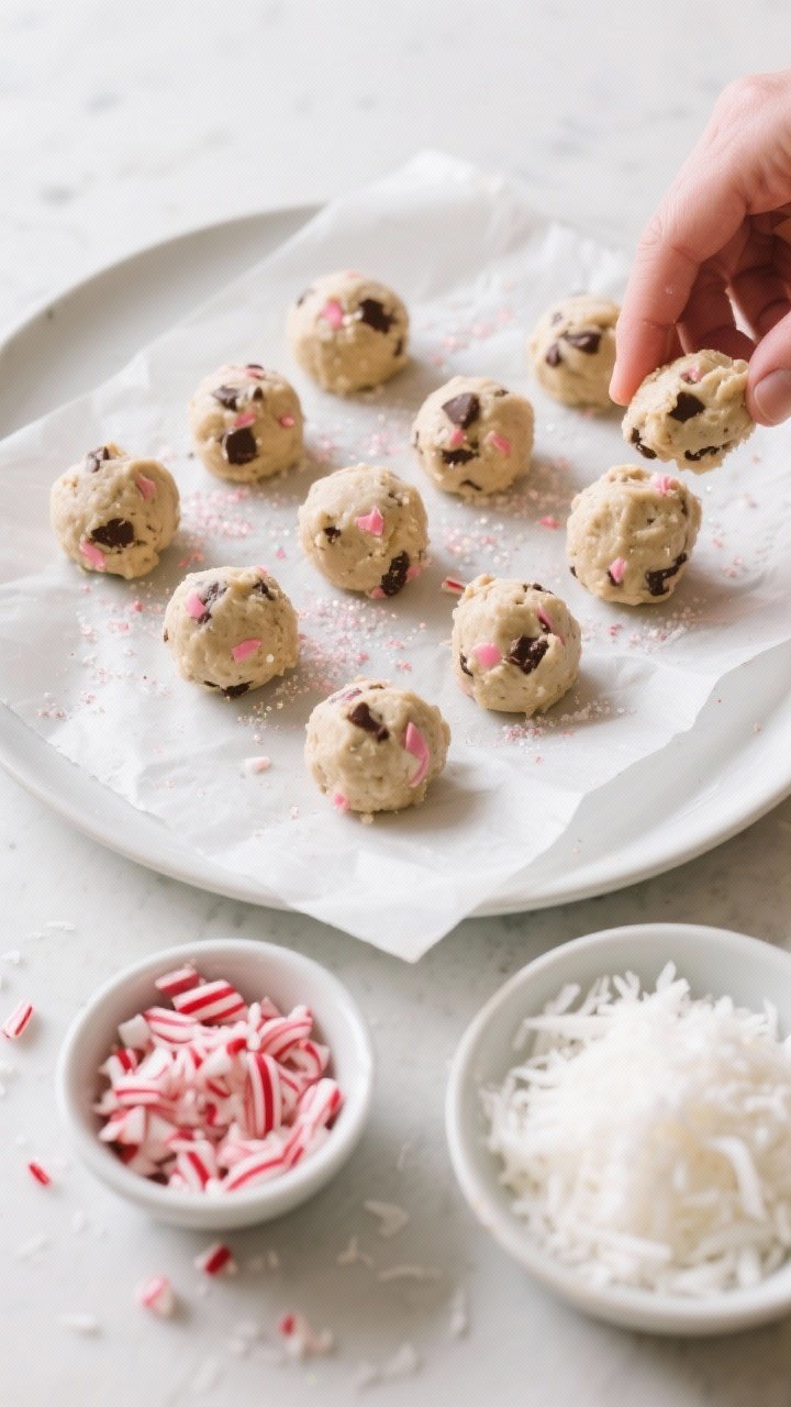 Cooking process: Overhead shot of the mixture being formed—uniform scoops of the chilled dough (ab