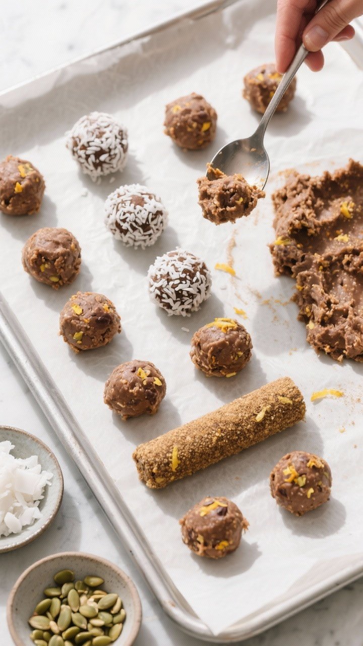 Cooking process: Overhead shot of the mixture being shaped—uniform tablespoon scoops of the finish