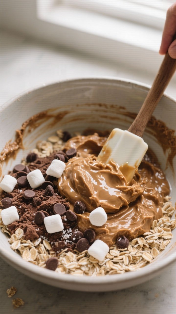 Cooking process: Overhead shot of the mixture coming together in a large bowl—partly pulsed oats, 