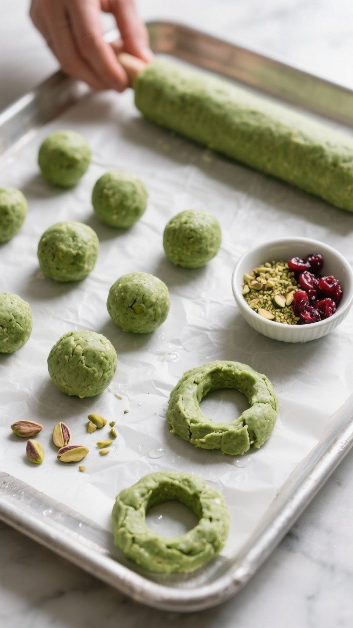 Cooking process: Overhead shot of the rolling and shaping stage. Several smooth green energy balls o