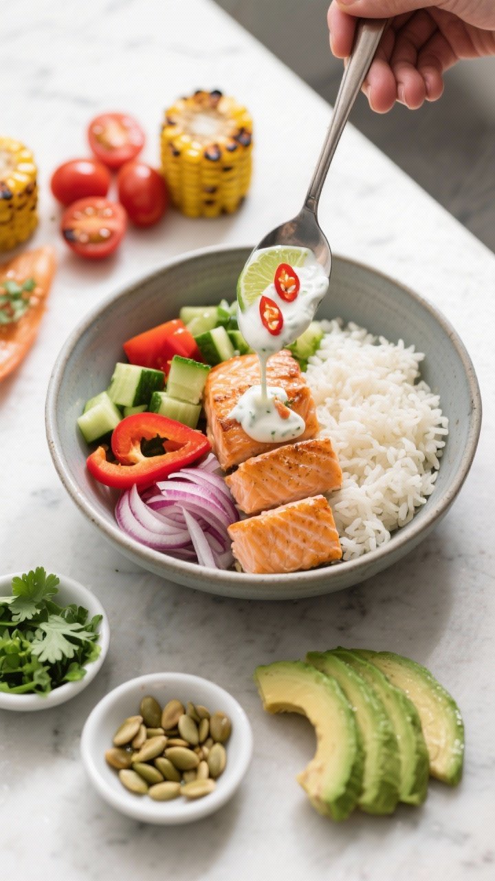 Cooking process: Overhead shot of the salmon bowl being assembled on a counter—steaming jasmine ri