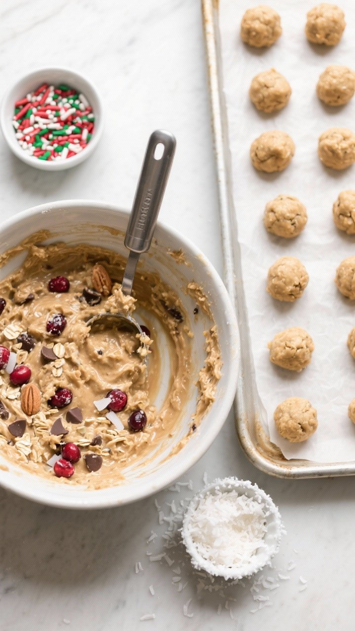 Cooking process: Overhead shot of the stir-and-roll stage—an almost-finished mixing bowl of the co