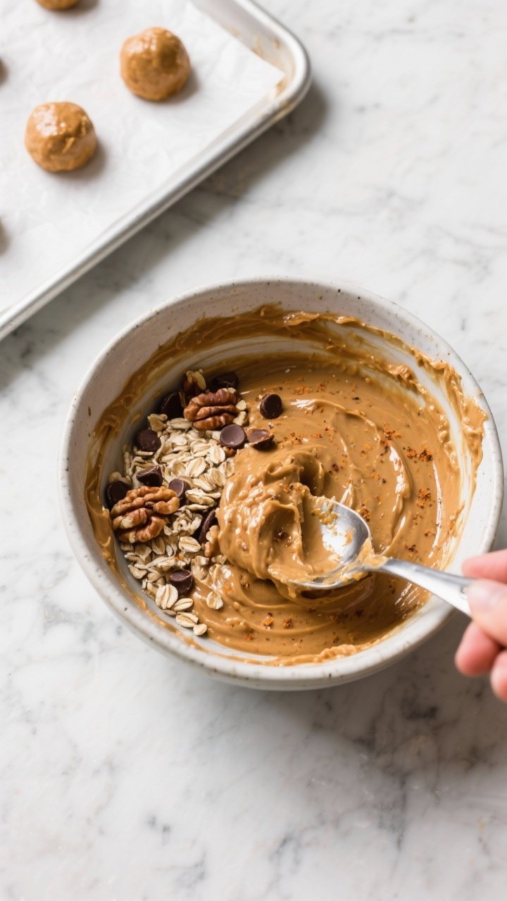 Cooking process: Overhead shot of the thick, glossy pumpkin-nut butter base in a mixing bowl right a