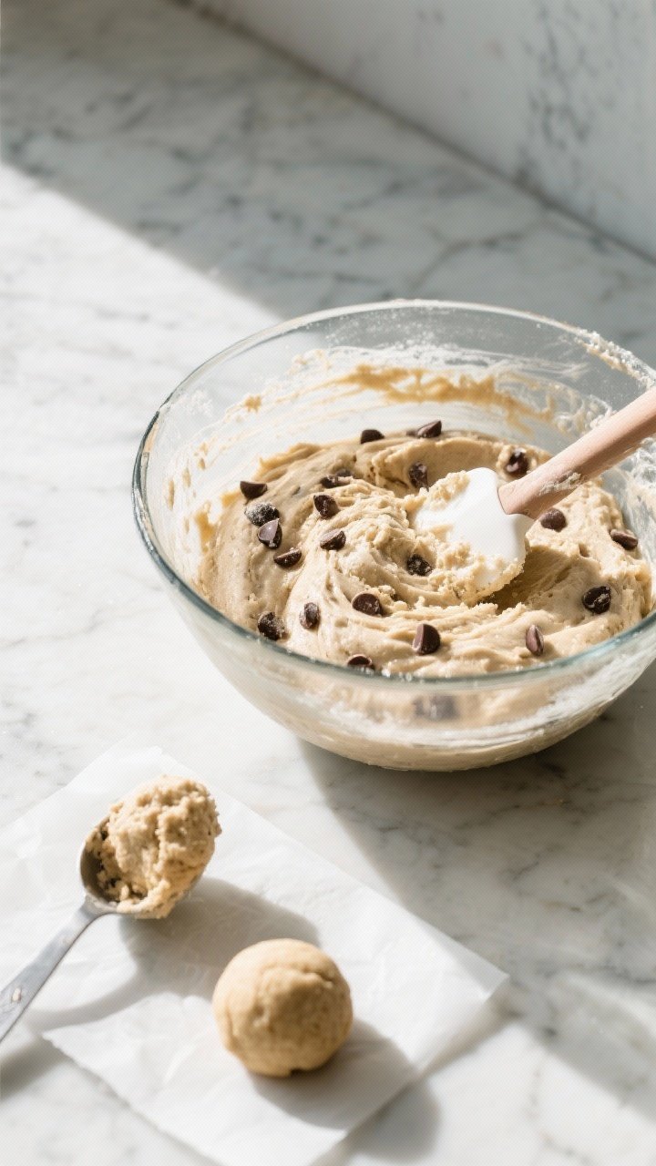 Cooking process: Overhead shot of the thick, mixed dough resting in a glass mixing bowl after chilli
