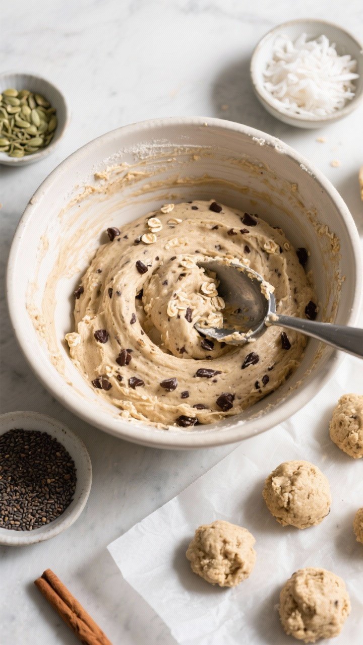 Cooking process: Overhead shot of the thick, rollable dough in a large mixing bowl right before scoo