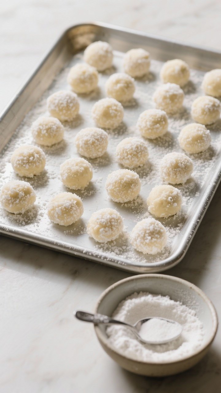 Cooking process: Overhead shot of uniform tablespoon-sized balls arranged in neat rows on a chilled 