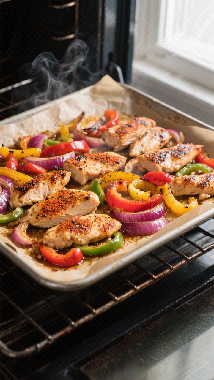 Cooking process, sheet pan in oven: Overhead shot of sizzling sheet-pan chicken fajitas halfway thro