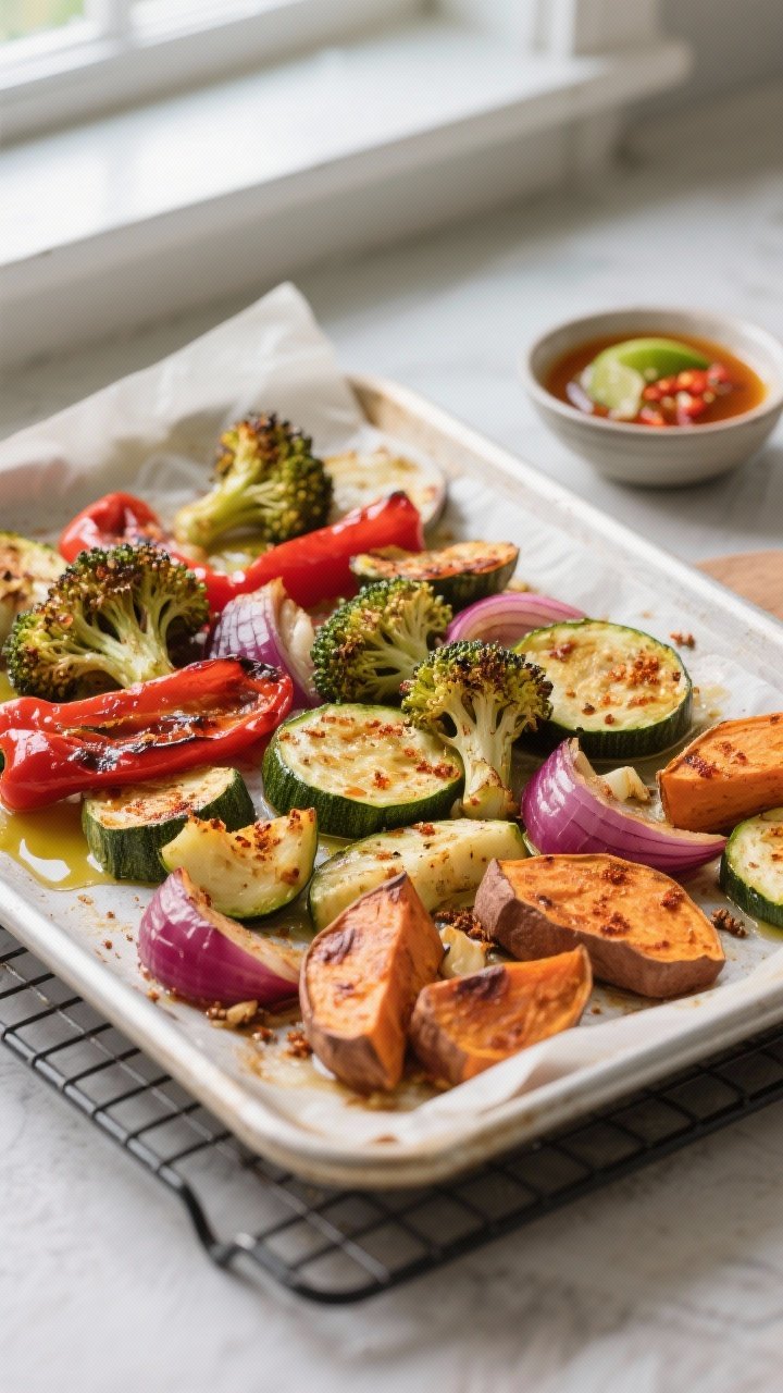 Cooking process: Sheet pan of roasted vegetables just out of the oven—broccoli with crispy edges, 