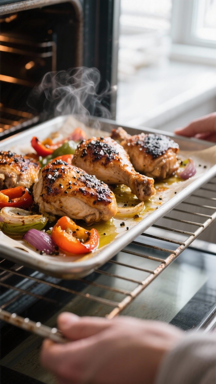 Cooking process: Sheet-pan oven scene—marinated chicken thighs roasted at 425°F with charred, car