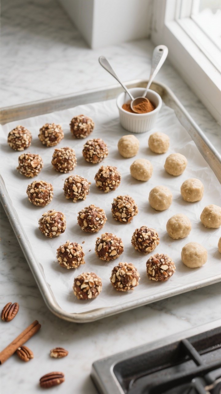 Cooking process shot: Overhead view of a parchment-lined sheet pan filled with uniformly rolled prot