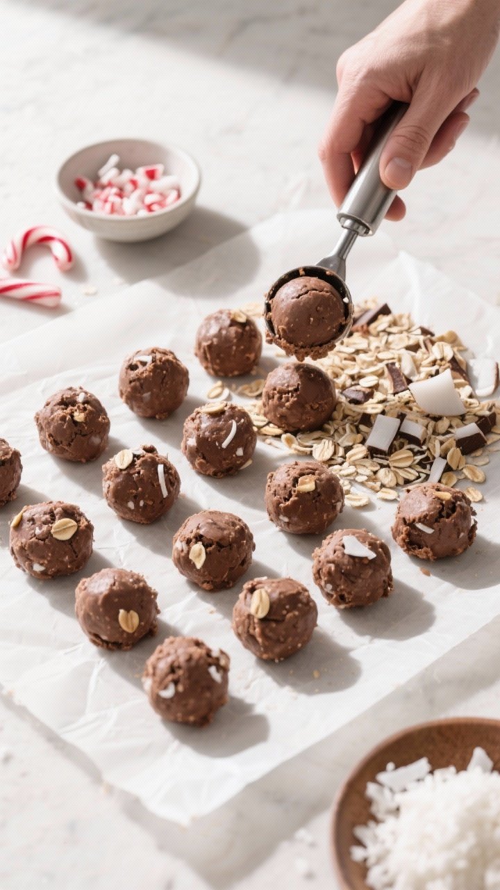 Cooking process shot: Overhead view of the chilled mixture being portioned and rolled into uniform b
