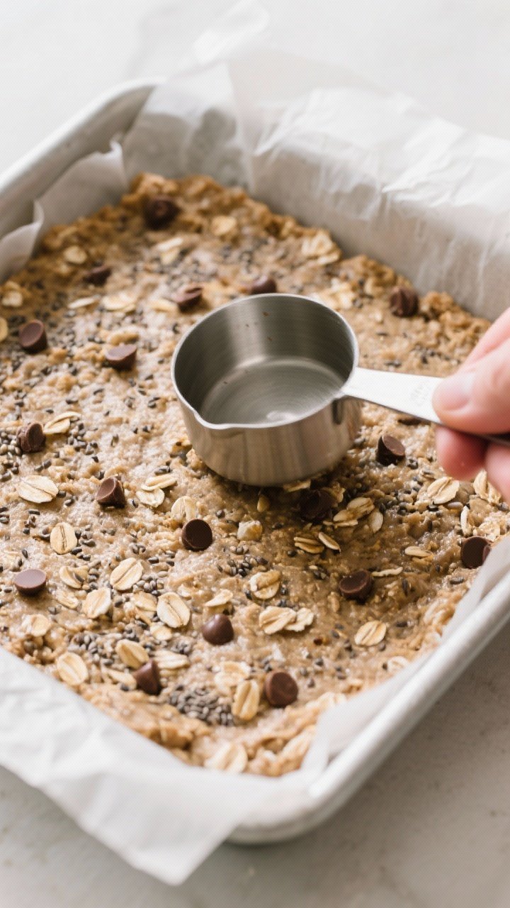 Cooking process shot: Pressing the mixture into a parchment-lined square pan using a flat-bottomed m