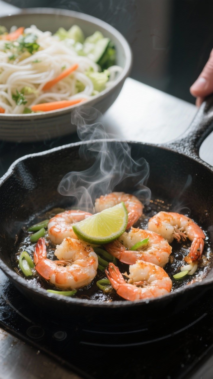 Cooking process: Sizzling shrimp in a cast-iron skillet mid-sear, lightly caramelized and just turni