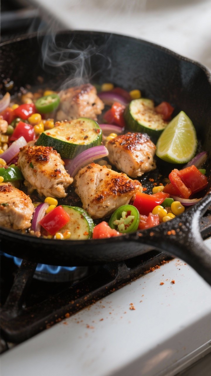 Cooking process, sizzling skillet: Tex-Mex chicken and zucchini searing in a large black cast-iron s