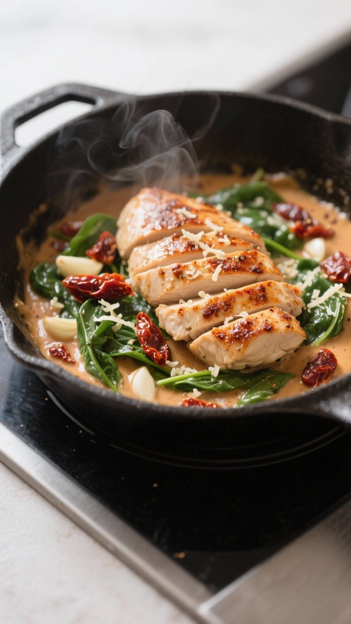 Cooking process — skillet action: Juicy pan-seared chicken breasts sliced and nestled in a creamy 