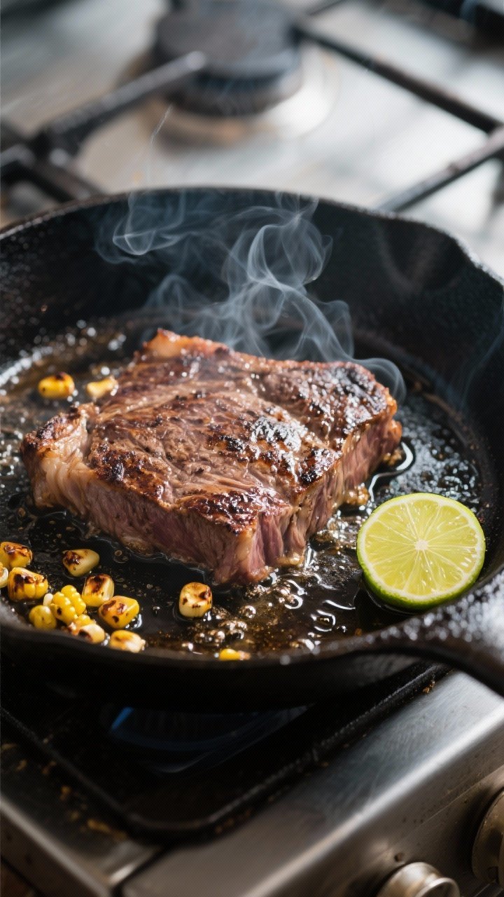 Cooking process: Skirt steak searing hard in a smoking-hot cast-iron skillet, aggressive crust forma